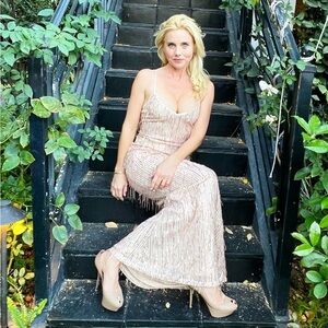 Lulu's Shimmering Rose Gold Sequin Dress with full cream lining